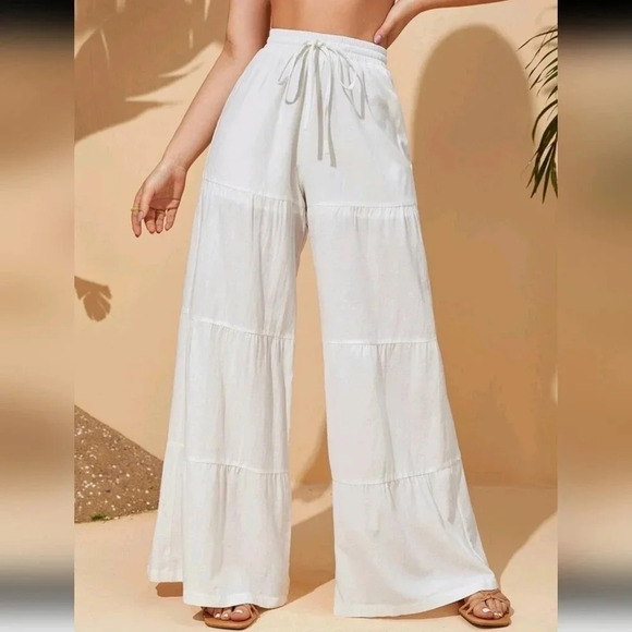 Solid Color Elastic Waist Wide Leg Pants - Picture 1 of 3